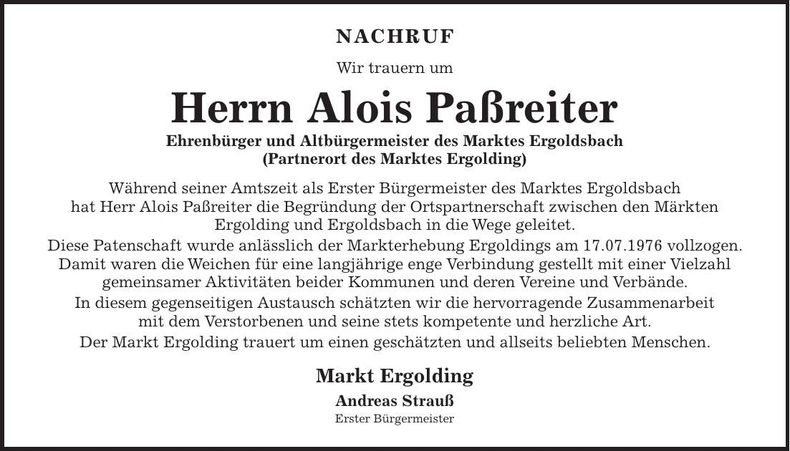 Traueranzeige Alois Paßreiter