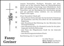 Traueranzeige Fanny Greiner