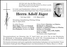 Traueranzeige Adolf Jäger