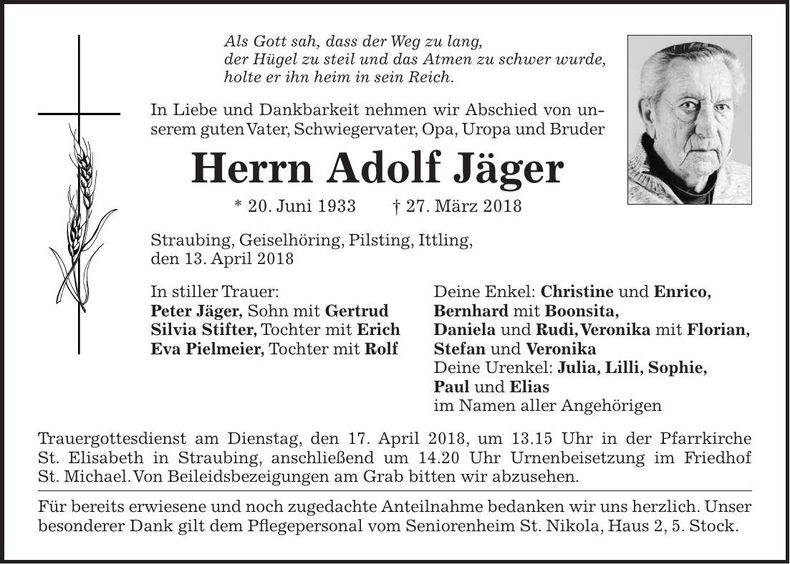 Traueranzeige Adolf Jäger