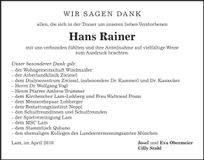 Traueranzeige Hans Rainer