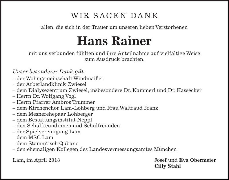 Traueranzeige Hans Rainer