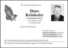 Traueranzeige Hans Kelnhofer