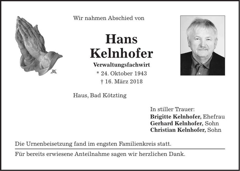 Traueranzeige Hans Kelnhofer
