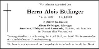 Traueranzeige Alois Ettlinger