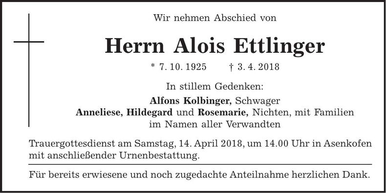 Traueranzeige Alois Ettlinger