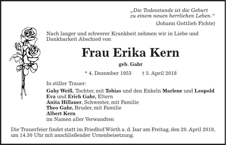 Traueranzeige Erika Kern