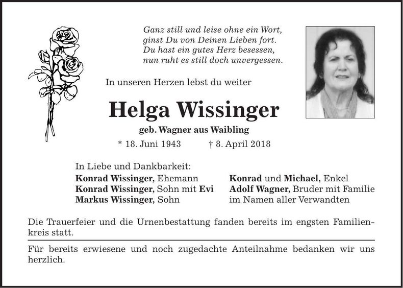 Traueranzeige Helga Wissinger