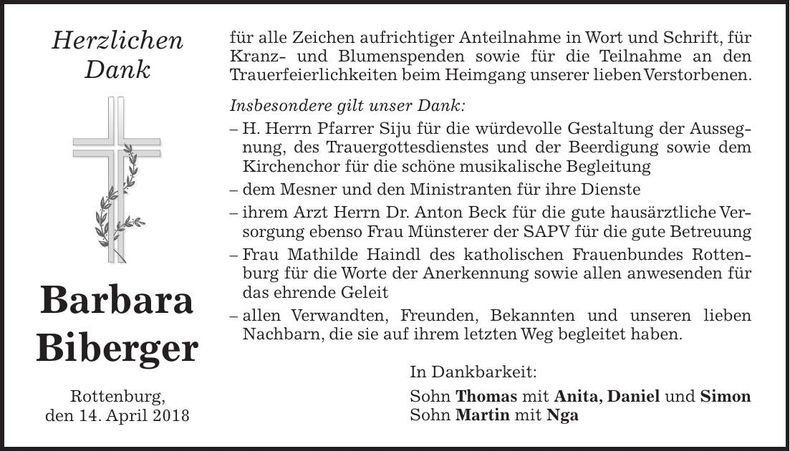 Traueranzeige Barbara Biberger