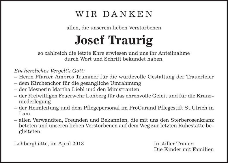 Traueranzeige Josef Traurig