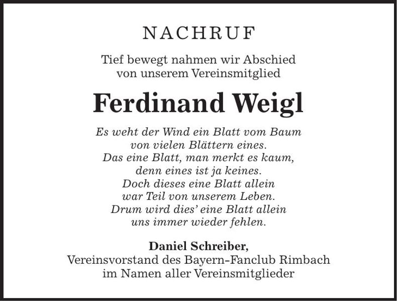 Traueranzeige Ferdinand Weigl