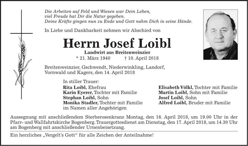 Traueranzeige Josef Loibl