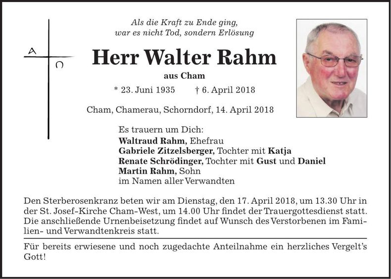 Traueranzeige Walter Rahm