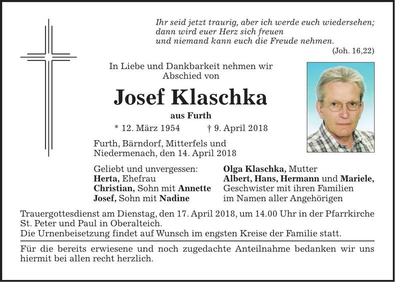 Traueranzeige Josef Klaschka