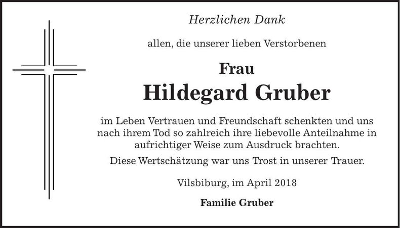 Traueranzeige Hildegard Gruber