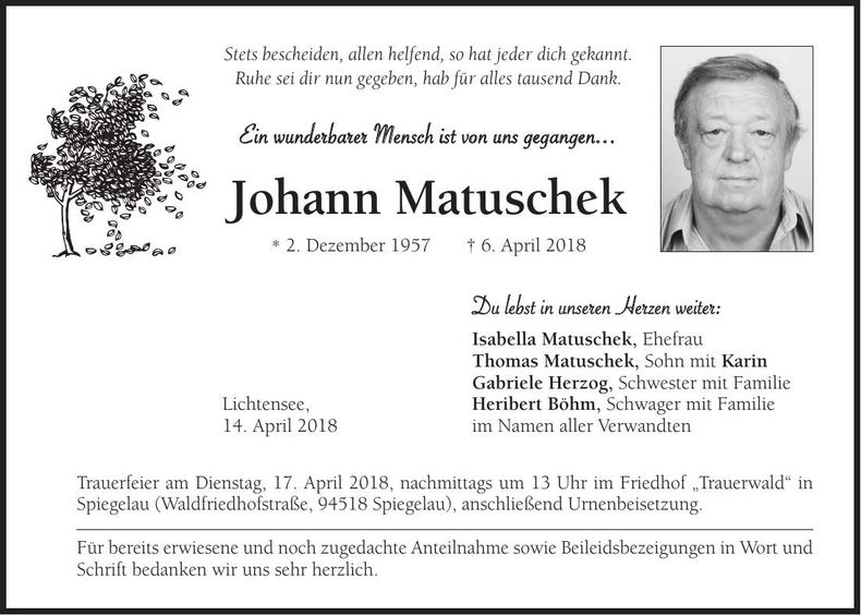 Traueranzeige Joahnn Matuschek