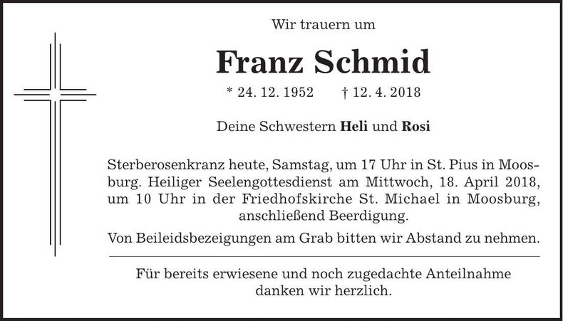 Traueranzeige Franz Schmid