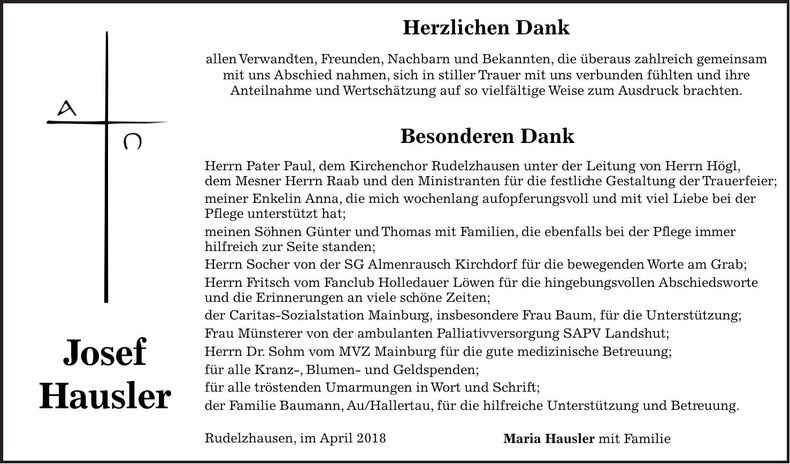 Traueranzeige Josef Hausler