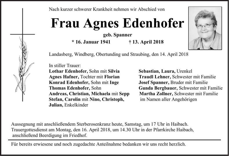Traueranzeige Agnes Edenhofer