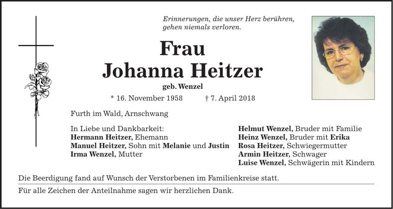 Traueranzeige Johanna Heitzer