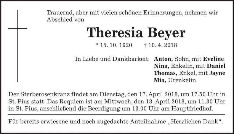 Traueranzeige Theresia Beyer