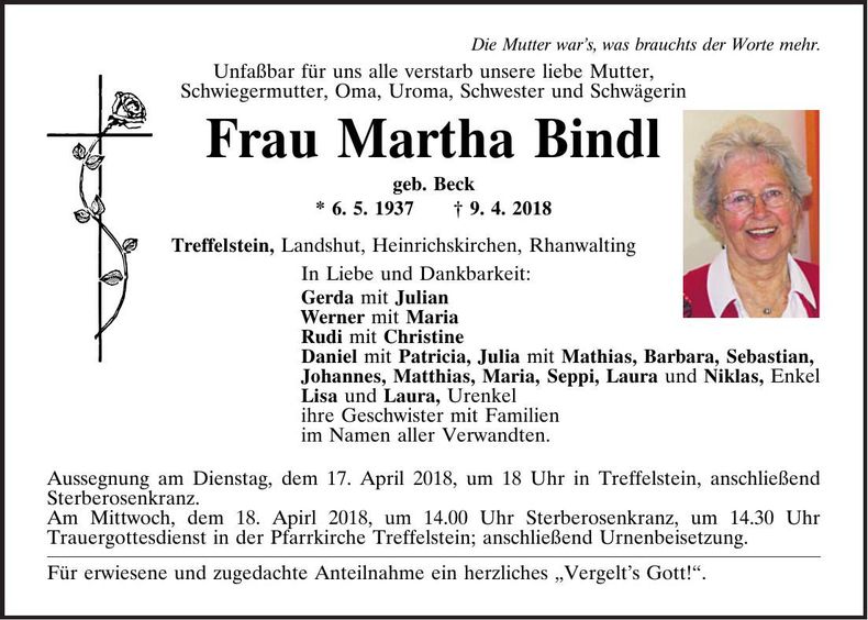 Traueranzeige Martha Bindl