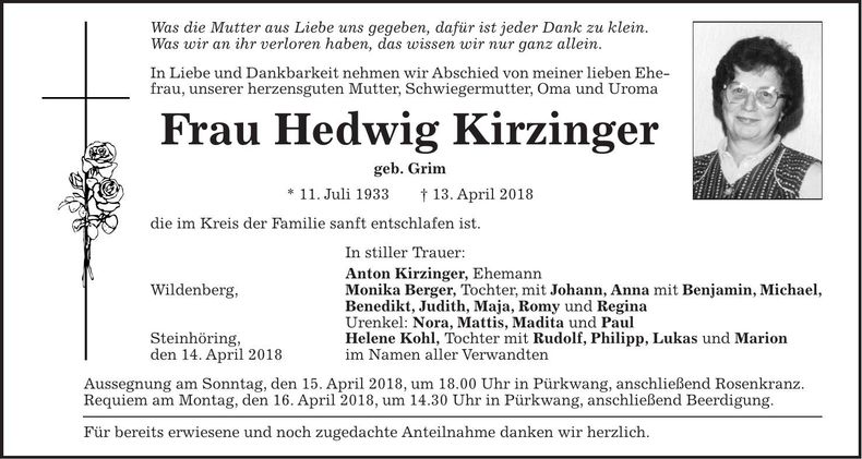 Traueranzeige Hedwig Kirzinger