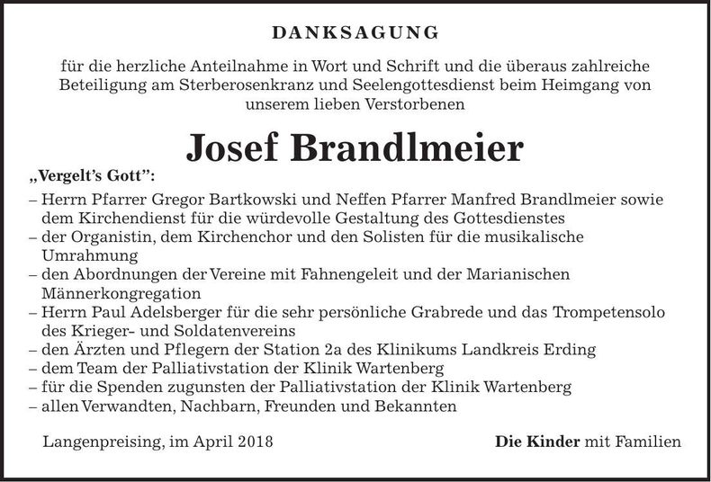 Traueranzeige Josef Brandlmeier