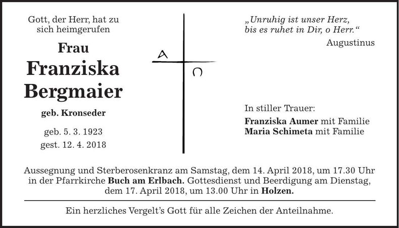 Traueranzeige Franziska Bergmaier