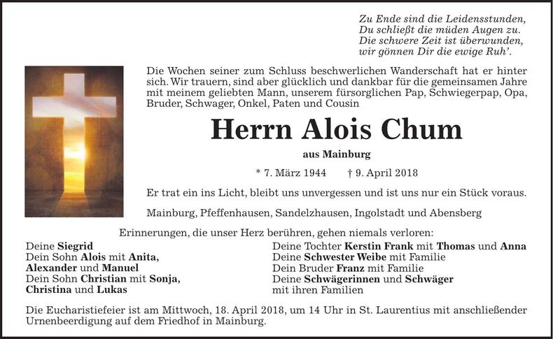 Traueranzeige Alois Chum