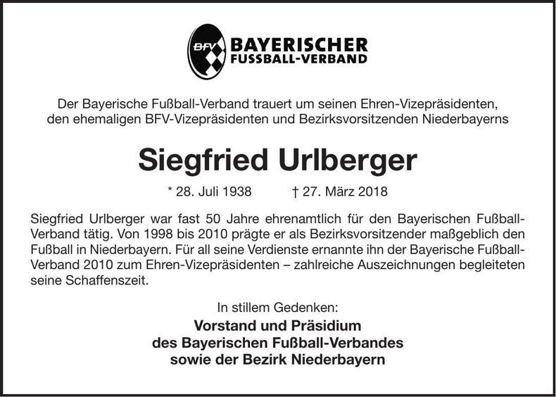 Traueranzeige Siegfried Urlberger