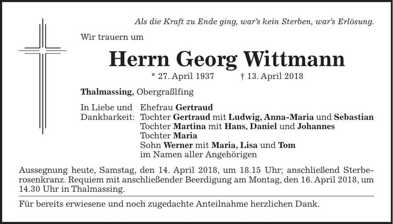 Traueranzeige Georg Wittmann