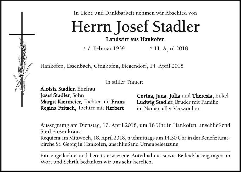 Traueranzeige Josef Stadler