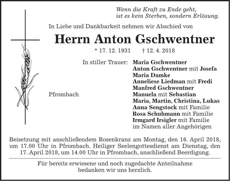 Traueranzeige Anton Gschwentner