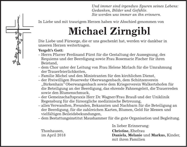 Traueranzeige Michael Zirngibl