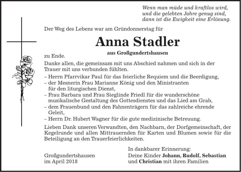 Traueranzeige Anna Stadler
