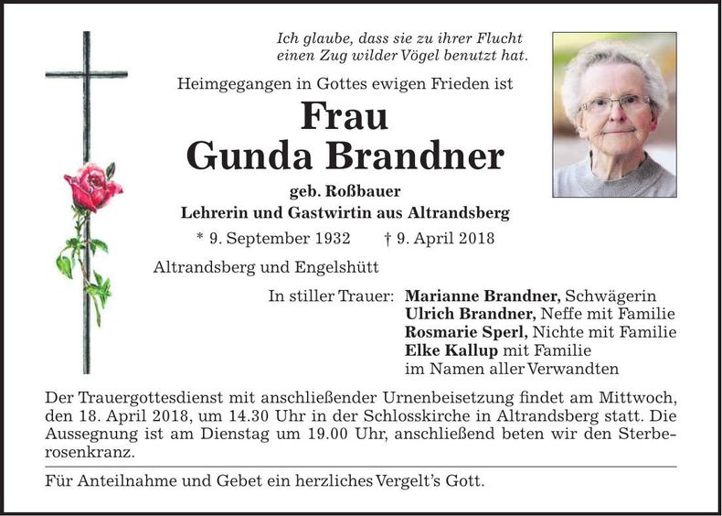 Traueranzeige Gunda Brandner