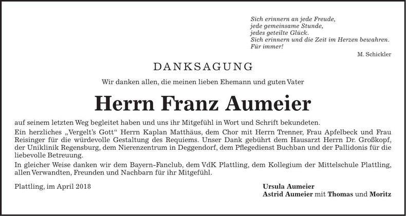 Traueranzeige Franz Aumeier