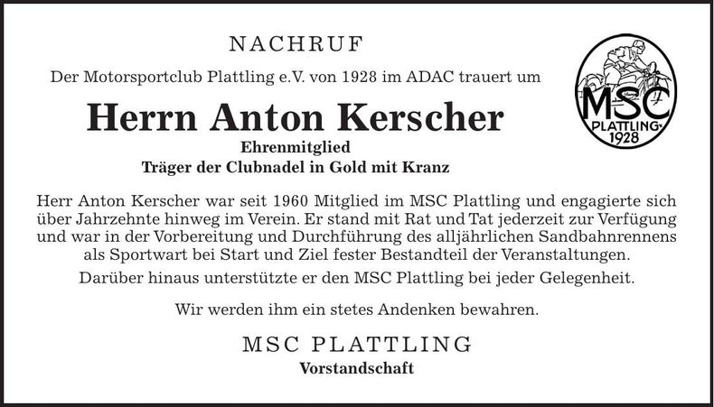 Traueranzeige Alois Schießl