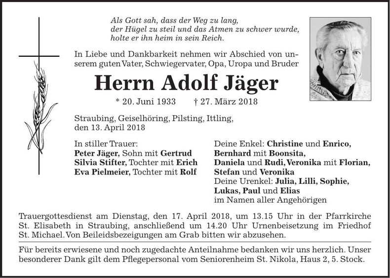 Traueranzeige Adolf Jäger