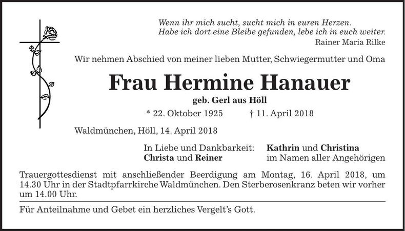 Traueranzeige Hermine Hanauer
