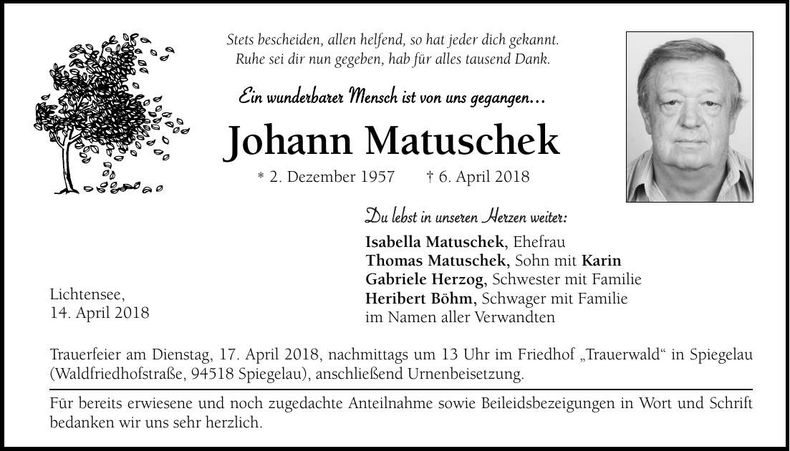 Traueranzeige Johann Matuschek
