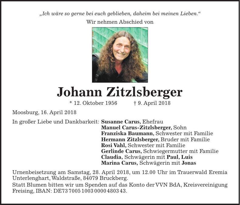 Traueranzeige Johann Zitzlsberger