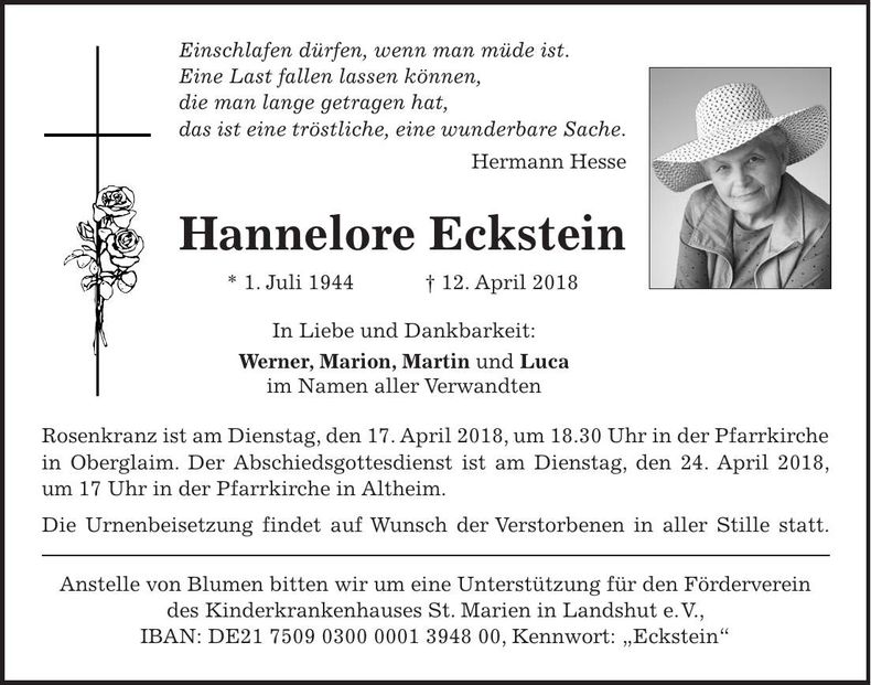 Traueranzeige Hannelore Eckstein