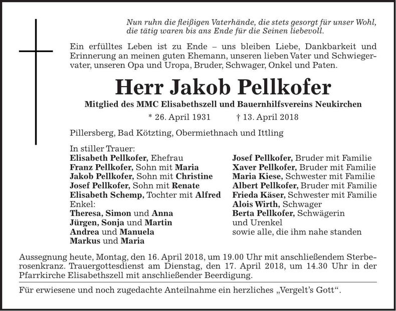 Traueranzeige Franz Pellkofer