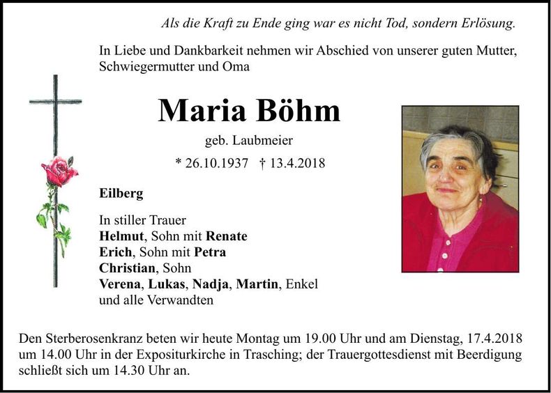 Traueranzeige Maria Böhm