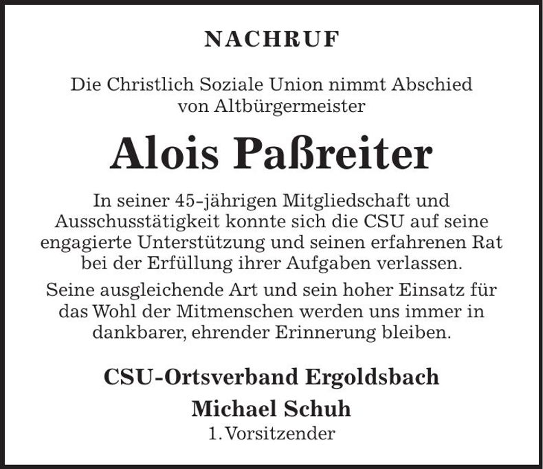 Traueranzeige Alois Paßreiter
