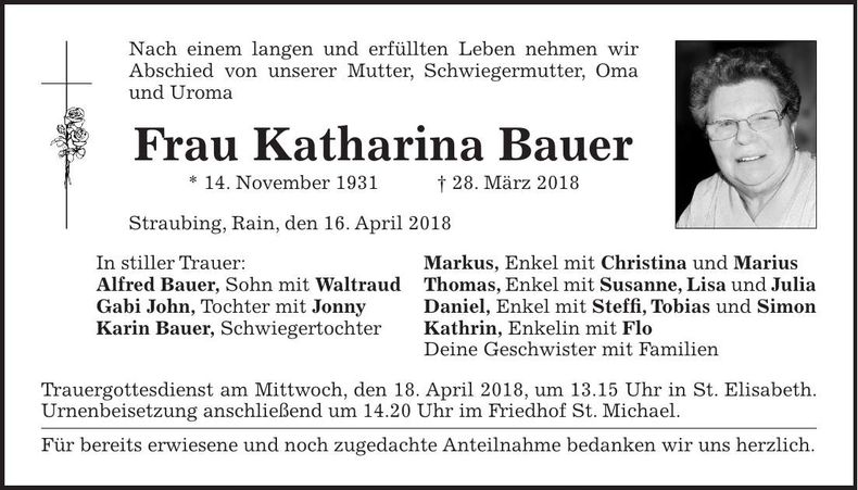 Traueranzeige Katharina Bauer