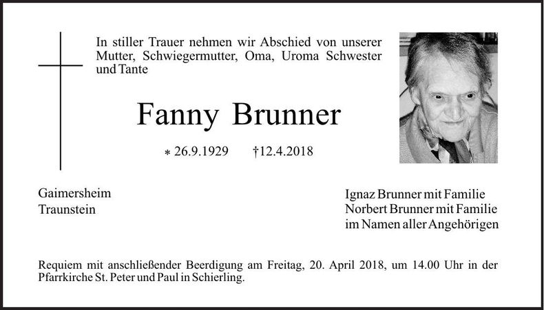 Traueranzeige Fanny Brunner