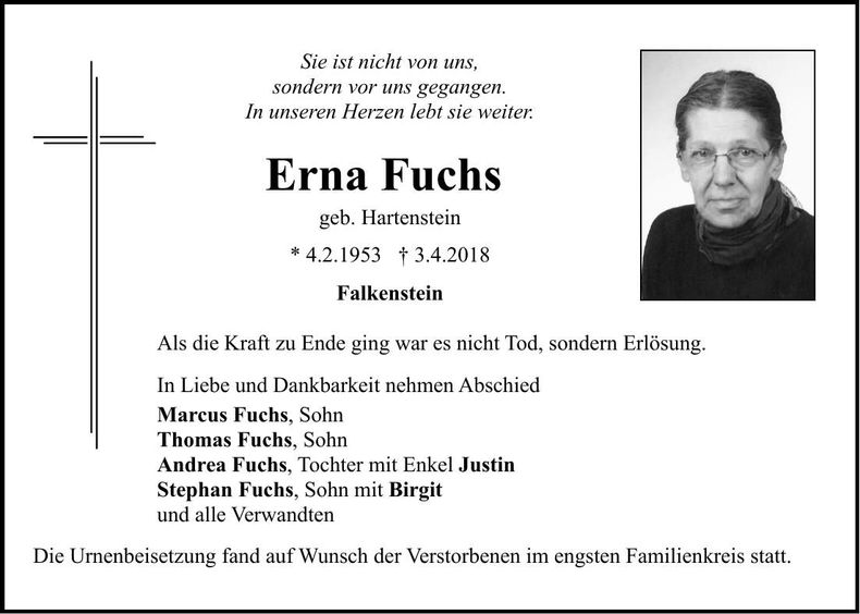 Traueranzeige Erna Fuchs
